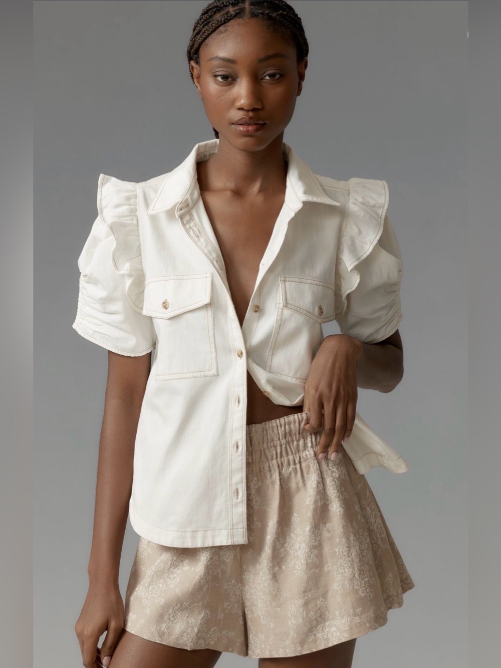 NWT Pilcro The Ozzi Ruffle-Sleeve Denim Buttondown Shirt in Off-White Size XL